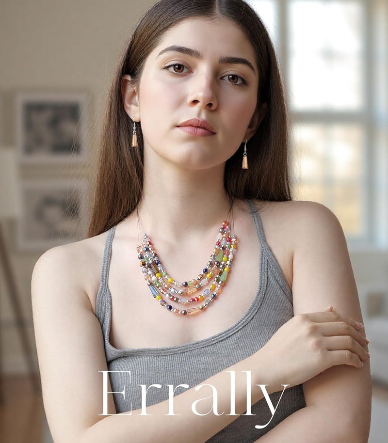 Errally Store Layered Beaded Statement Necklace Multi Strand Crystal Beads Collar Necklace and Earring Sets for Women Fashion Costume Jewelry Set Gifts for Her - Image 3